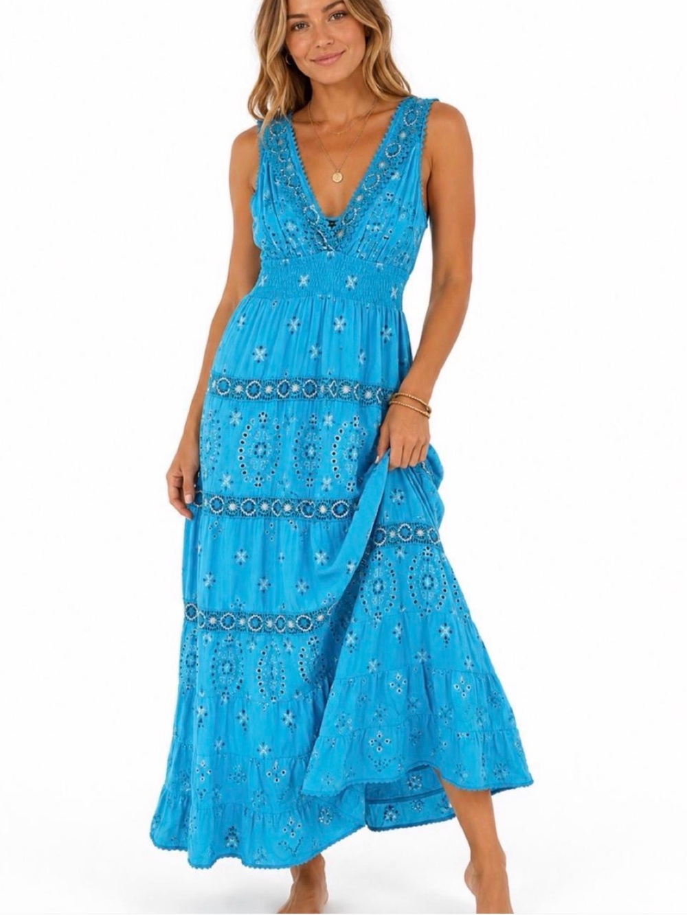 Boston Proper Turquoise Blue Sleeveless Maxi Dress with Eyelet Detail